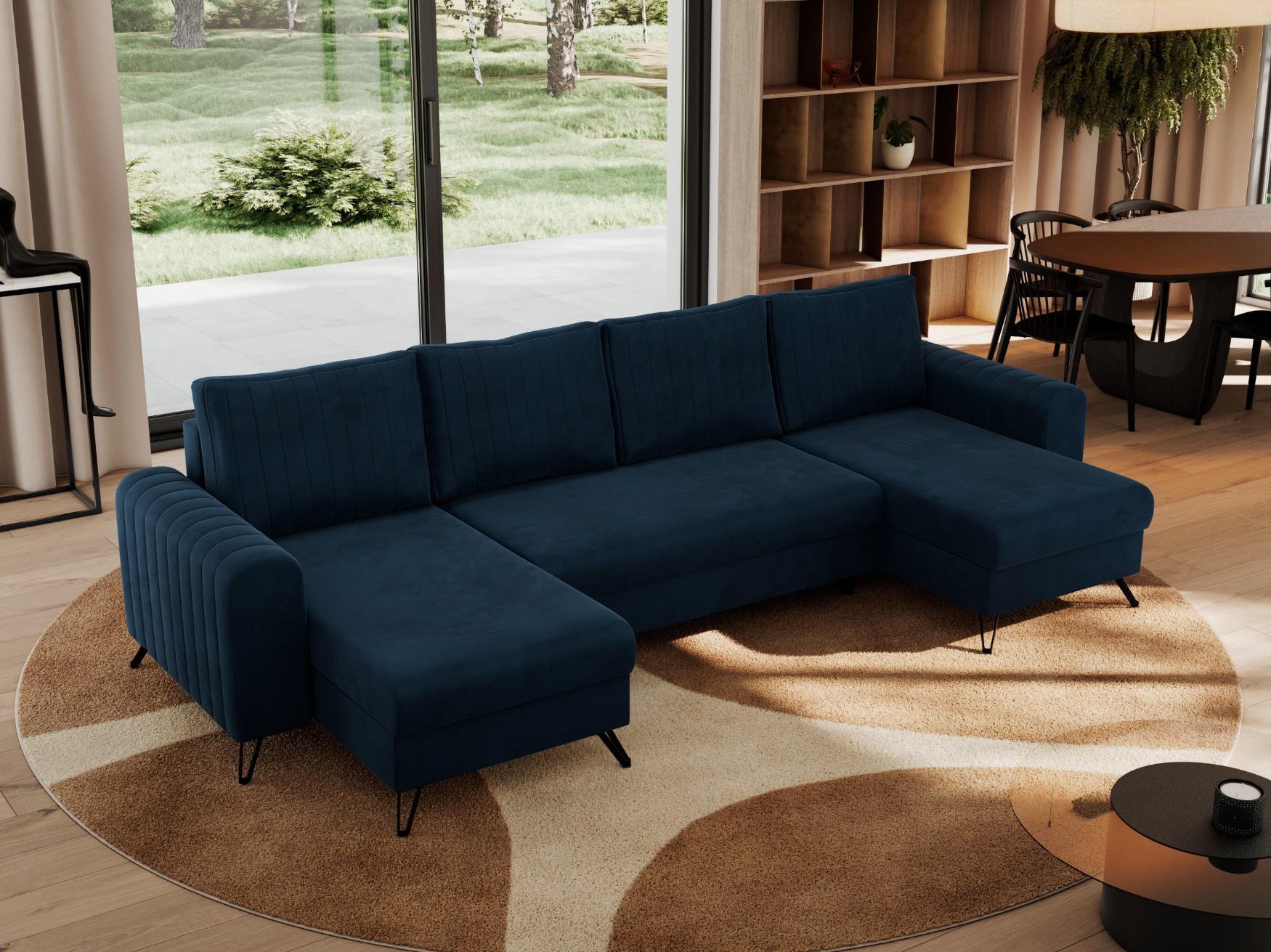 WOHNLANDSCHAFT AXEL U Velvet Dunkelblau - Blau/Schwarz, Textil/Metall (312/90/140cm) - MKS