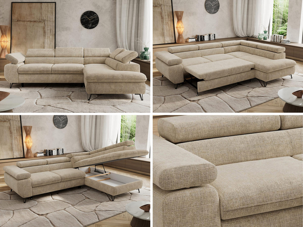 ECKSOFA PABLO L Beige Schenille grob gewebt - Rechts Seite - Beige/Schwarz, Textil/Metall (273/208cm) - MKS
