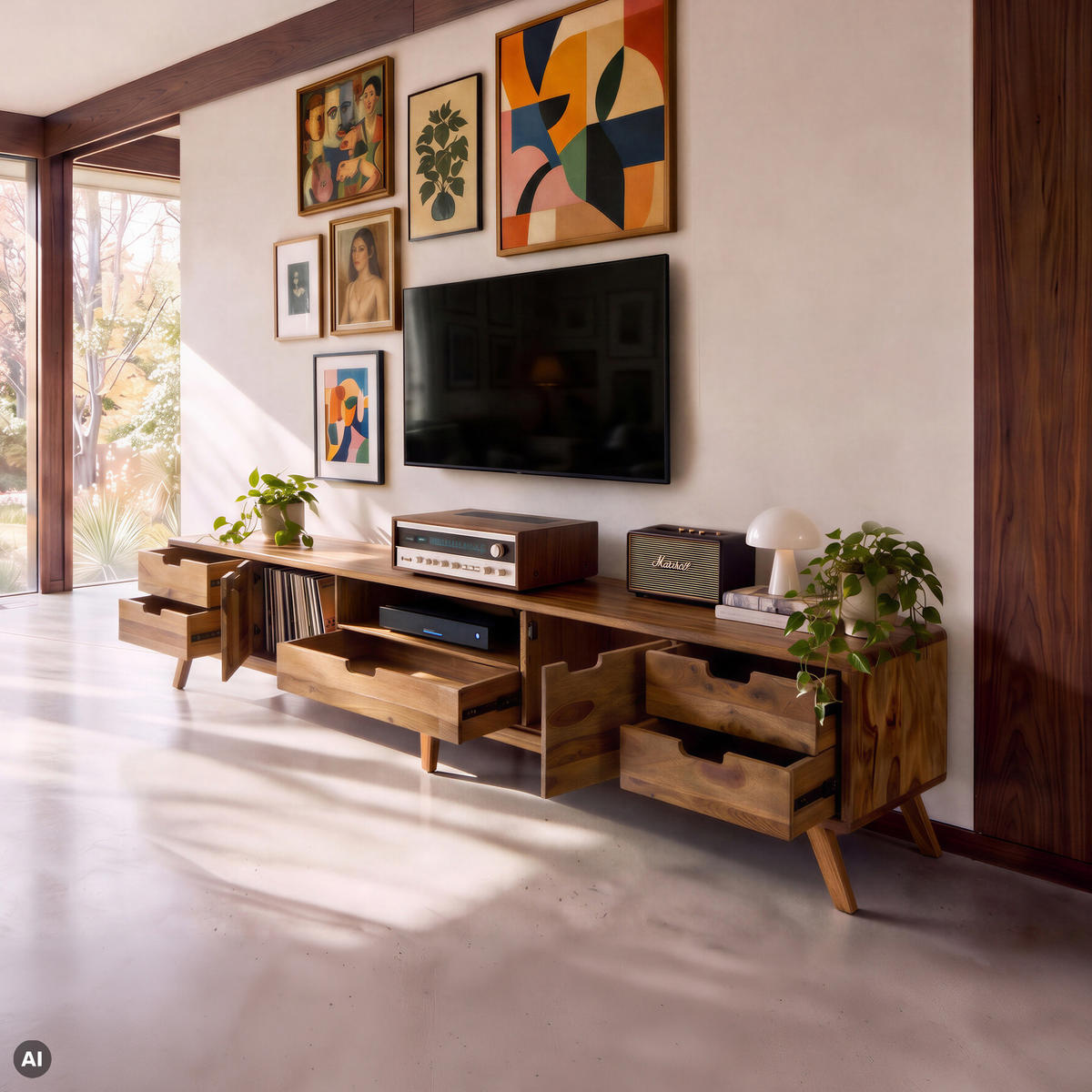 TV-BOARD Sheesham 260x40x48 natur sandgestrahlt lackiert MALMÖ 2 #226 - Naturfarben, Holz (260/48/40cm) - Massivmoebel24