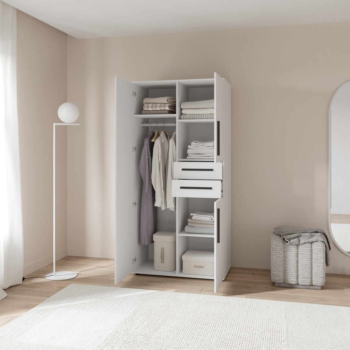 KLEIDERSCHRANK mit 3 Türen und 2 Schubladen in mattweiß 90,4/50/188 cm - Weiß, Holzwerkstoff (50/188/105.9cm) - Calicosy