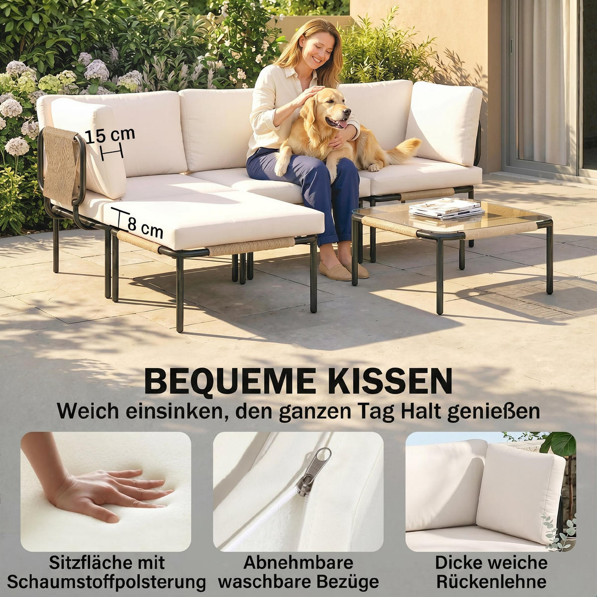 RATTAN-GARTENMÖBEL-SET 5er Set PE-Rattan Stahl Khaki - Beige/Schwarz, Textil/Metall - Outsunny