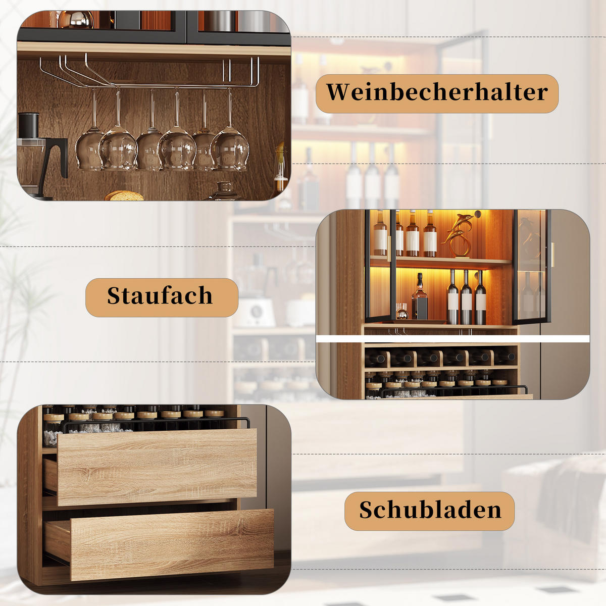 KÜCHENSCHRANK natur-optik 180 cm hoch mit 3-farben led & weinregal - Naturfarben, Holzwerkstoff (80/180/40cm) - Urban Meuble