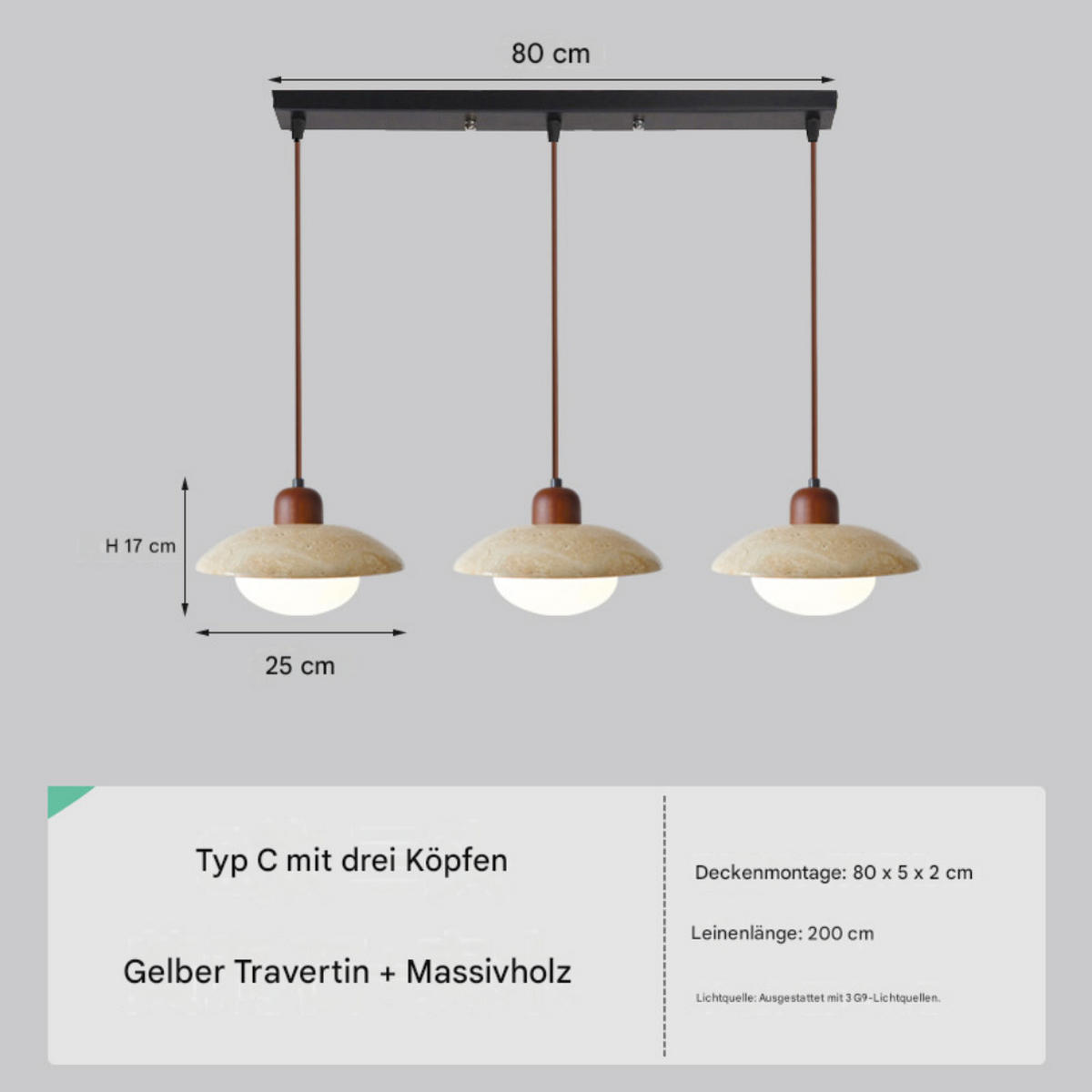 PENDELLEUCHTE Gelber Travertin & Holz, 3 Lichter 25CM - Gelb, Naturmaterialien (200/80/30cm) - Weltevree