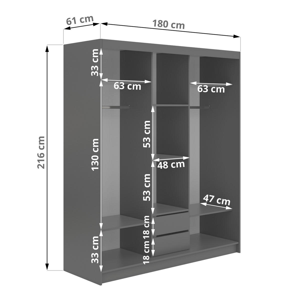 SCHWEBETÜRENSCHRANK mit Schubladen 180 - MACEDONIA - Grau - Alufarben/Grau, Holzwerkstoff/Metall (180/216/61cm) - MKS
