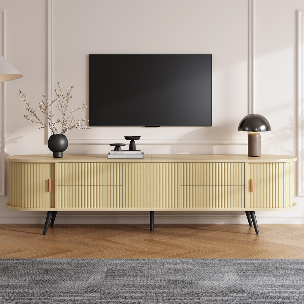TV komoda 180/40/45 cm s kliznim vratima, 4 ladice i okomitim prugastim uzorkom u izgledu drva - prirodne boje, drvni materijal (180/45/40cm) - CHICFURN