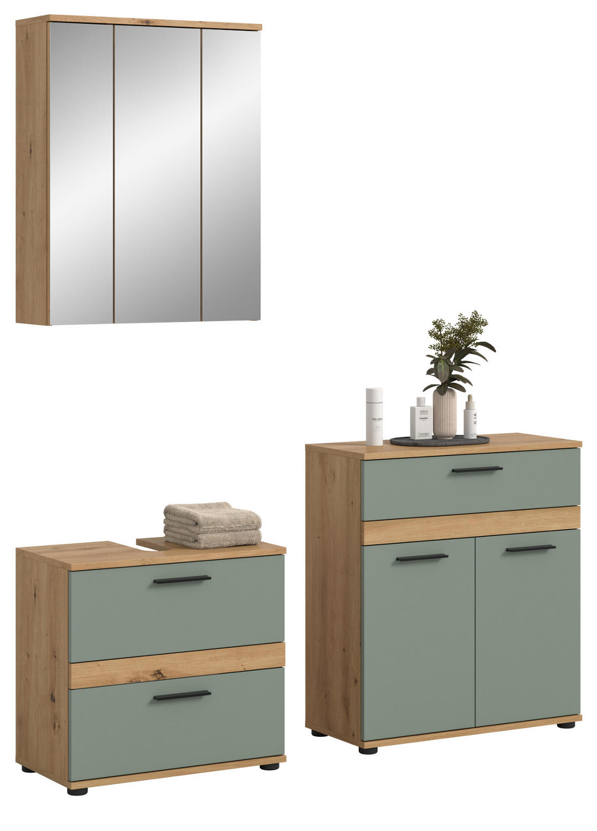 BADMÖBEL-SET 3-teilig Salbei grün, Artisan Eiche 147 x 191 cm, moderne Badkombination - Salbeigrün/Schwarz, Glas/Holzwerkstoff (145/191/34cm) - Inn.Furn