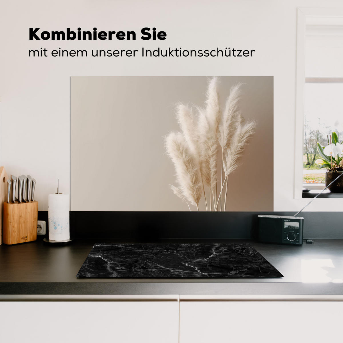 SPRITZSCHUTZ KÜCHE Pampasgras - Federn - Pastell - Weiß 90x60 cm - Creme, Metall (90/0.3/60cm) - MuchoWow