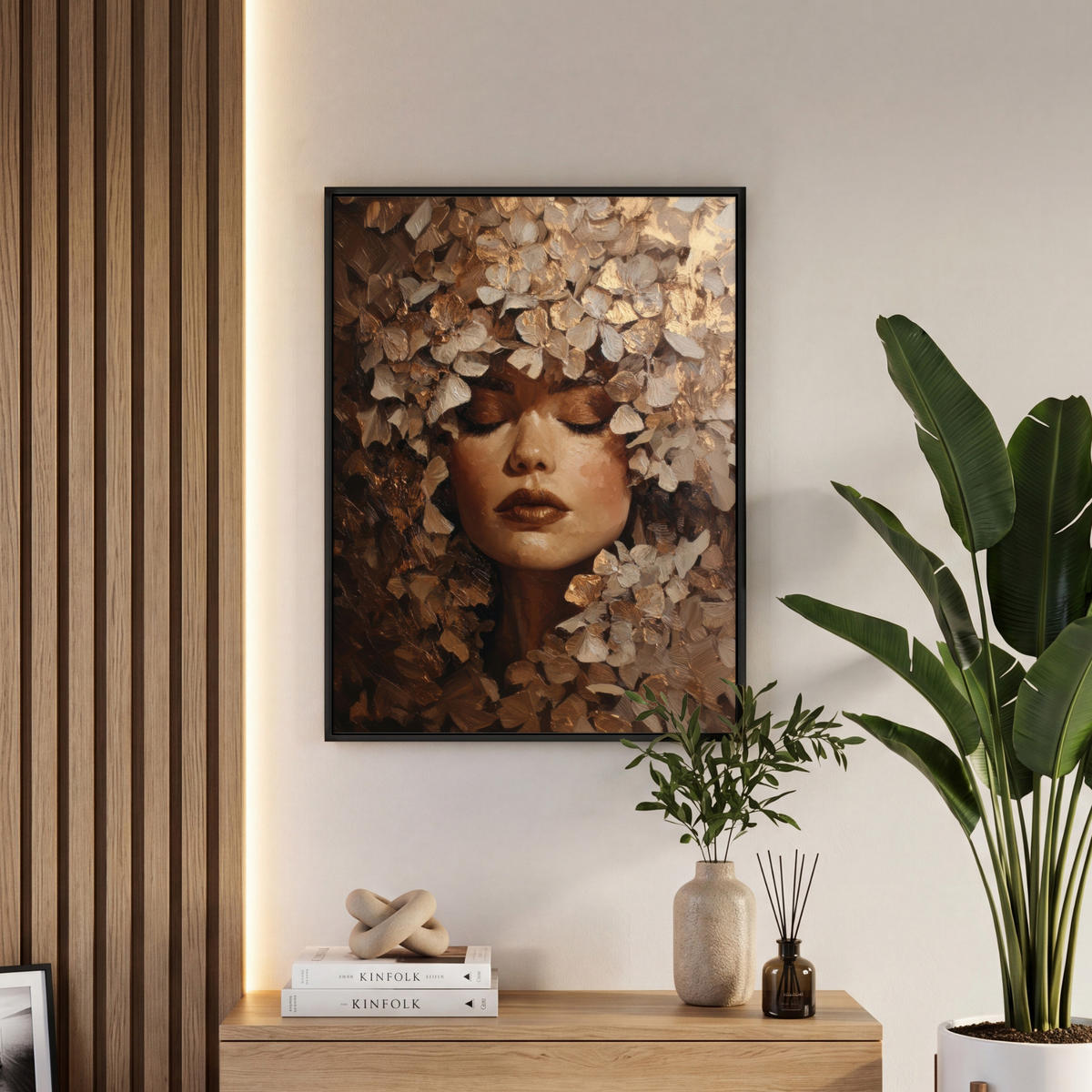 LEINWAND Bilder mit Rahmen - Gesicht - Dame - Blätter - Pinselstriche - 50x70 - Goldfarben, Textil (50/70cm) - MuchoWow