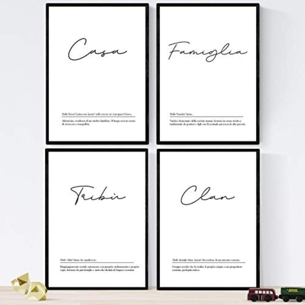 POSTER Set mit 4 Englisch ‚Famiglia‘ von Wörtern mit Definitionen A3 Schwarzer Rahmen - Schwarz, Papier (29.7/3cm) - Nacnic