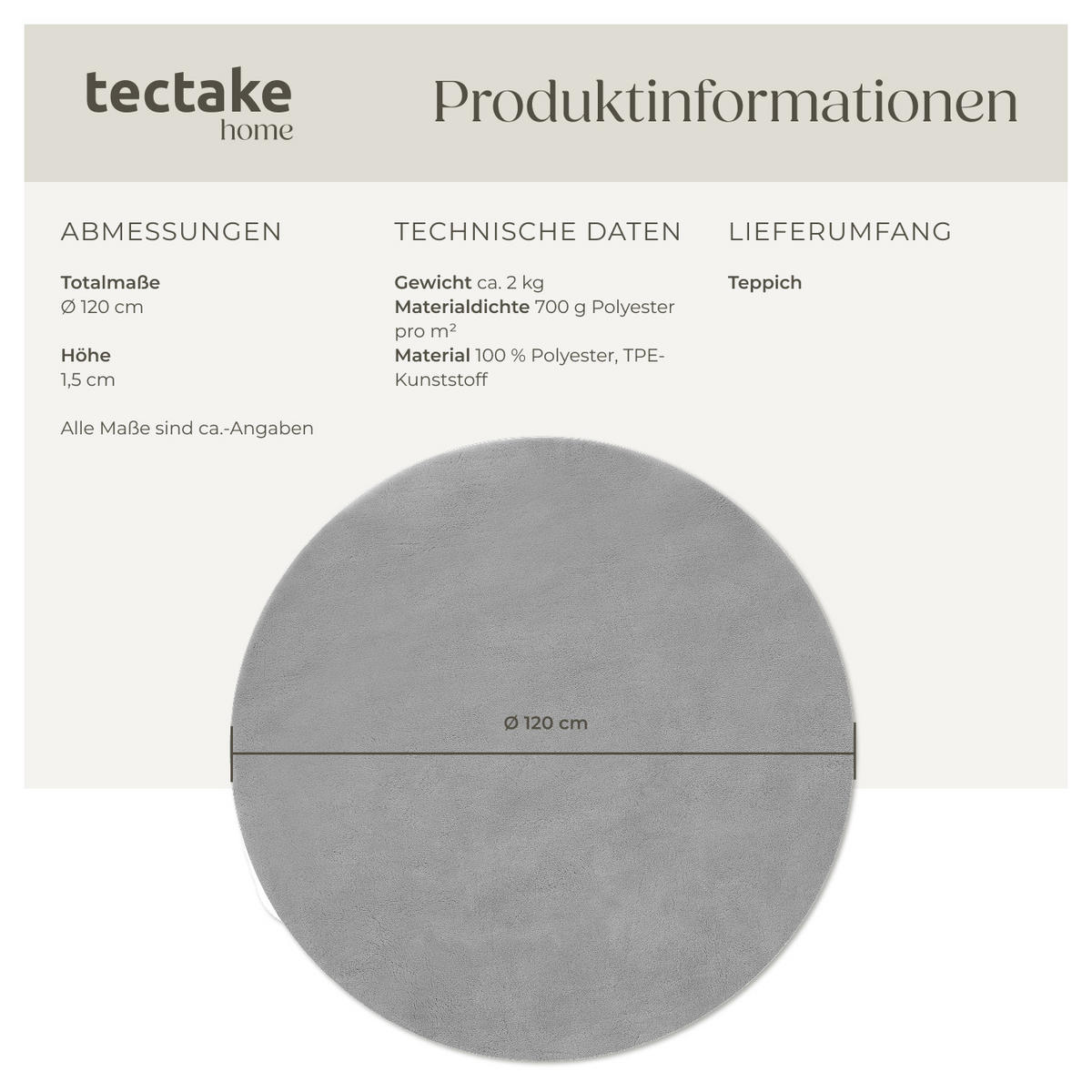 KURZFLORTEPPICH Soft Zone,rutschfeste Unterseite,grau - Grau, Kunststoff (120/120cm) - tectake