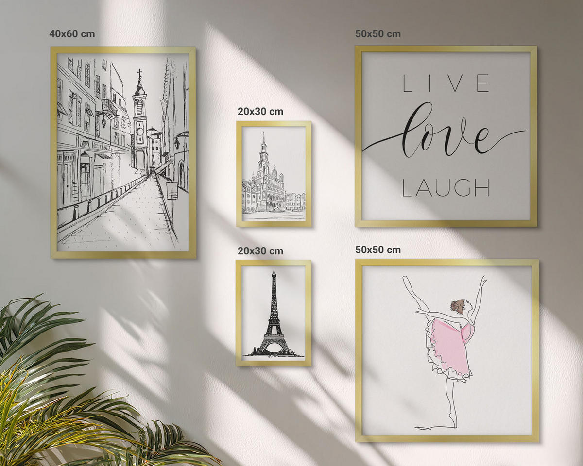 WANDBILDER 5er Set - 50x50 cm & 20x30 cm & 40x60 cm Goldrahmen - Fruchtige Zitrusmuster - Goldfarben, Kunststoff (40/60cm) - ArtPrintCave