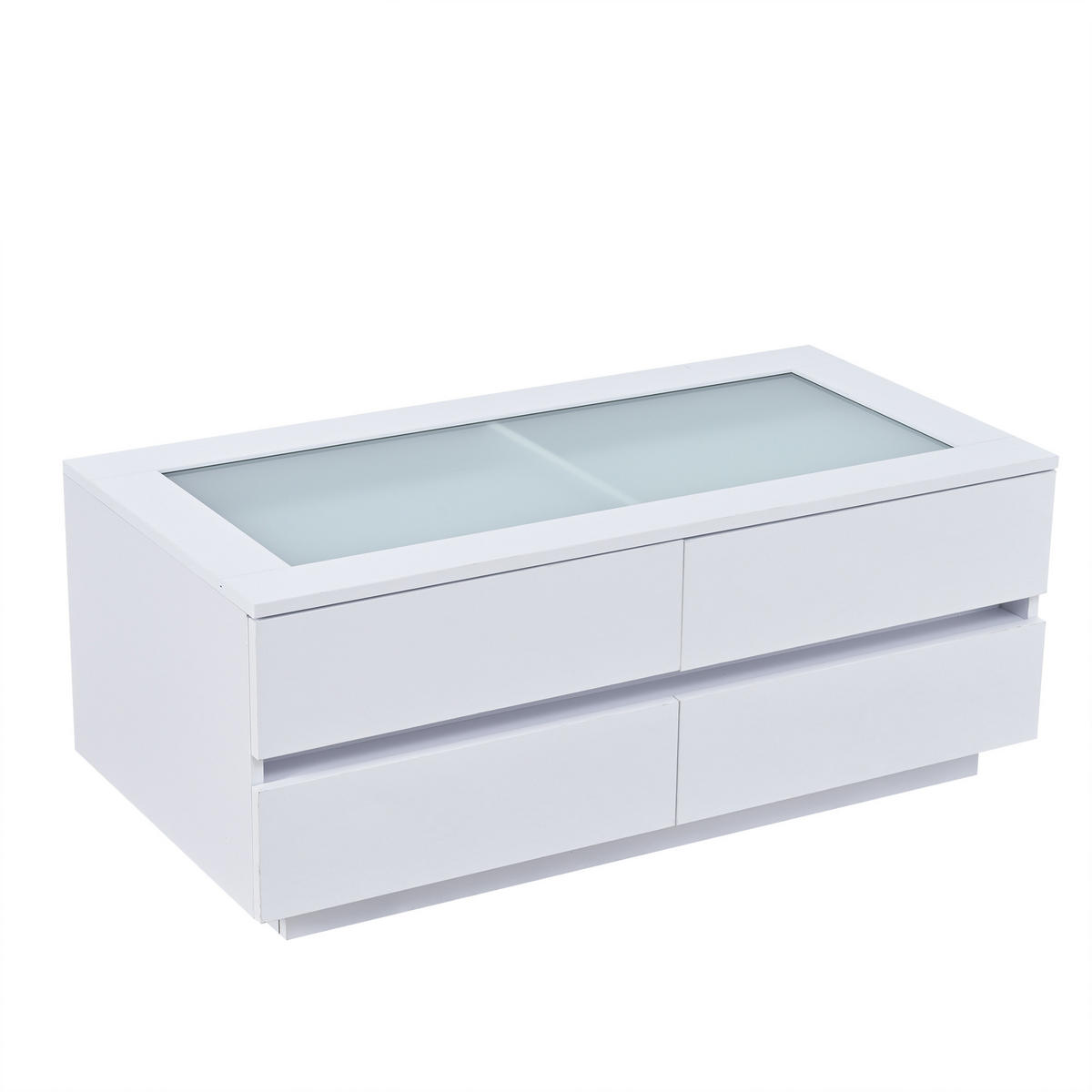 COUCHTISCH mit Glasplatte, 4 Schubladen & LED, Hochglanz Weiß modern, stabile Spanplatte - Weiß, Glas/Holzwerkstoff (100/50/40cm) - EVRYAE