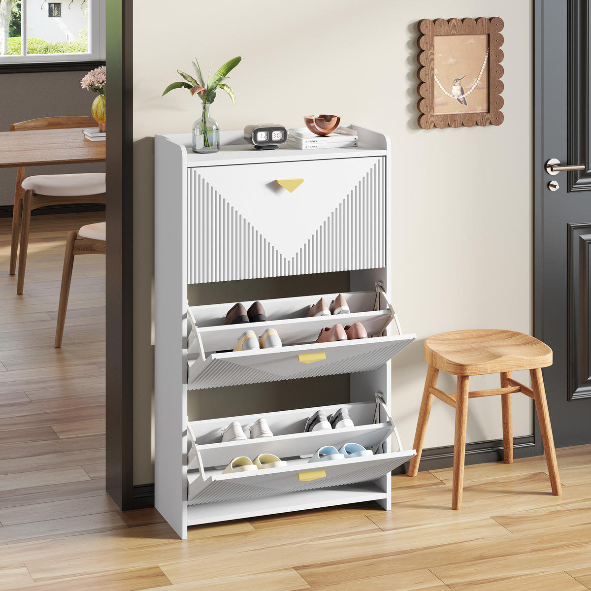 SCHUHSCHRANK aus MDF 70x30x120cm in Weiß mit 3 Klapptüren - Weiß, Holzwerkstoff (70/120/30cm) - Modfu