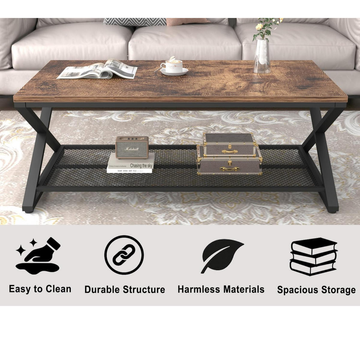 COUCHTISCH Holz Metall Industrial mit Ablage 120 x 60 x 45 cm - Wildeiche, Holzwerkstoff/Metall (60/120/45cm) - Quality Elegance