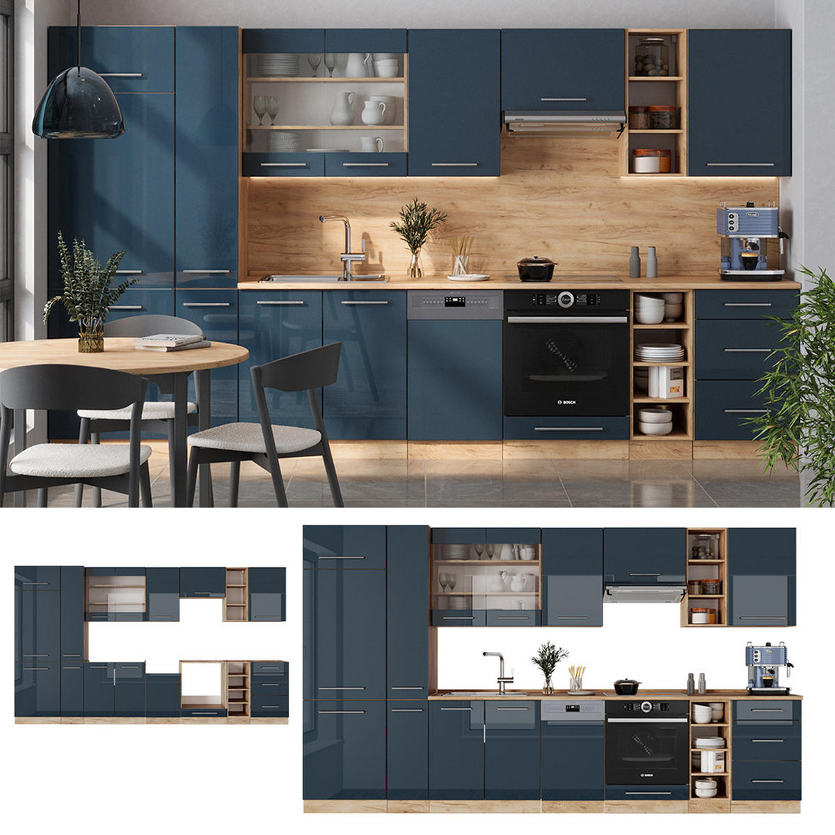KÜCHENZEILE Fame-Line Dunkelblau Hochglanz/Goldkraft Eiche 355 cm ohne AP - Eiche Wotan/Dunkelblau, Holzwerkstoff (355/81.6/46cm) - Vicco