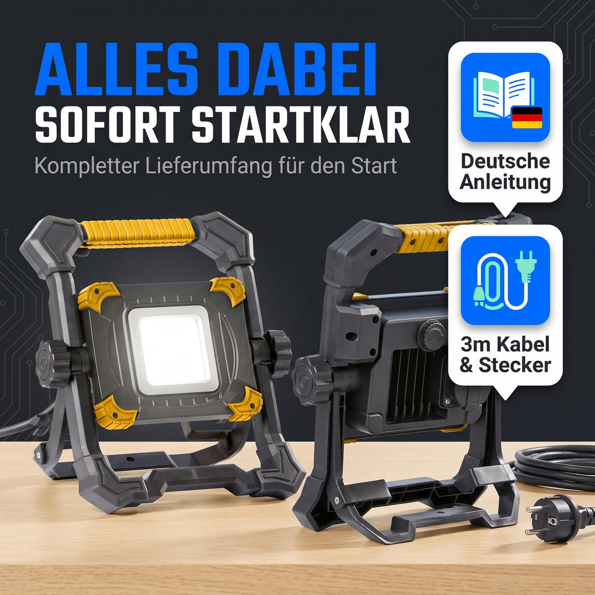 LED-BAUSTRAHLER - stufenlos dimmbar mit 5000K Lichtfarbe und 3m Kabel für Innen- und Außeneinsatz, 2er-Set - Weiß, Metall (10.5/27.5/32cm) - Northpoint