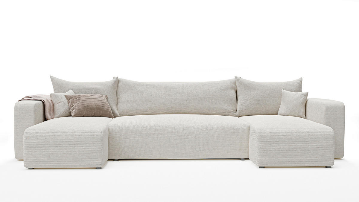 WOHNLANDSHAFT U-Form mit Schlaffunktion und Bettkasten, Beige - Beige/Creme, Holzwerkstoff/Textil (318/79/145cm) - Idohome