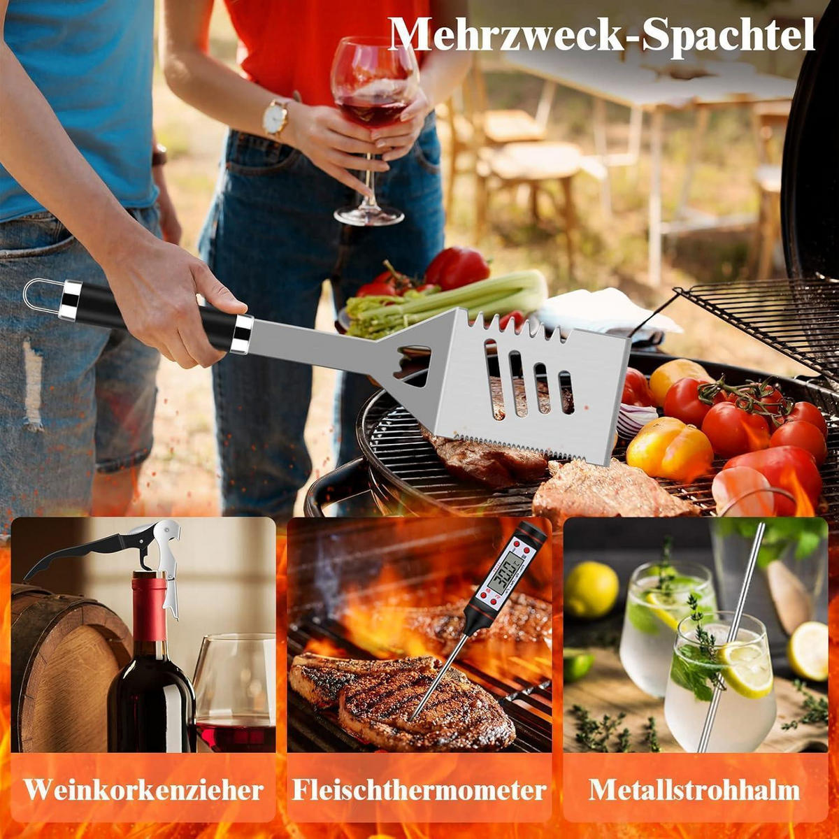 GRILLBESTECK Set 38-teilig Edelstahl mit Koffer und Grillmatte - Schwarz, Metall (39cm)
