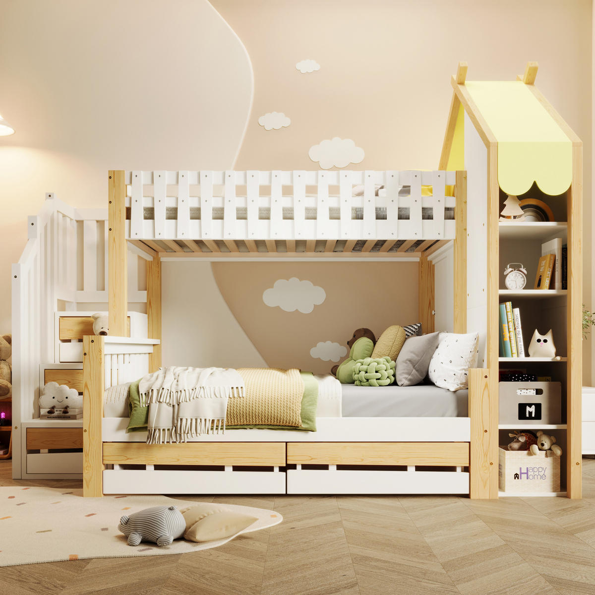 ETAGENBETT aus Kiefernholz 90x200/140x200 cm Weiß/Natur mit Stauraumleiter, 2 Schubladen und Hausdach - Weiß, Holzwerkstoff (90/200cm) - Modfu