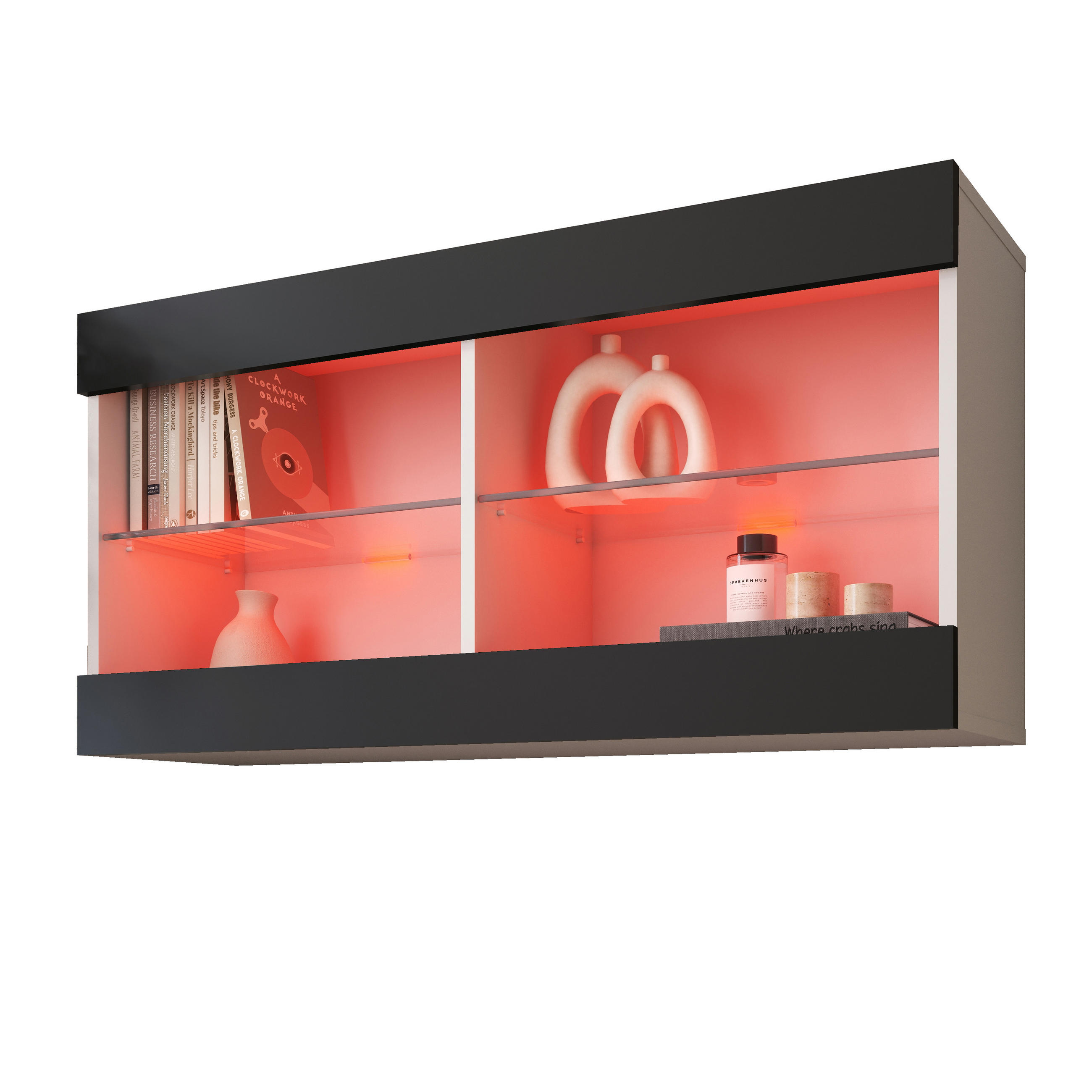 HÄNGEVITRINE TIVOLI HORIZONTAL 100, Schwarz, LED Mehrfarbige - Schwarz/Weiß, Glas/Holzwerkstoff (100/50/29.5cm) - Komodee