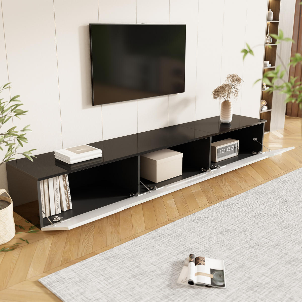 TV-SCHRANK 180cm Hochglanz 16-Farben-LED wandmontierbar Weiß-Schwarz - Weiß, Holz (46/16.5/133cm) - FLIEKS