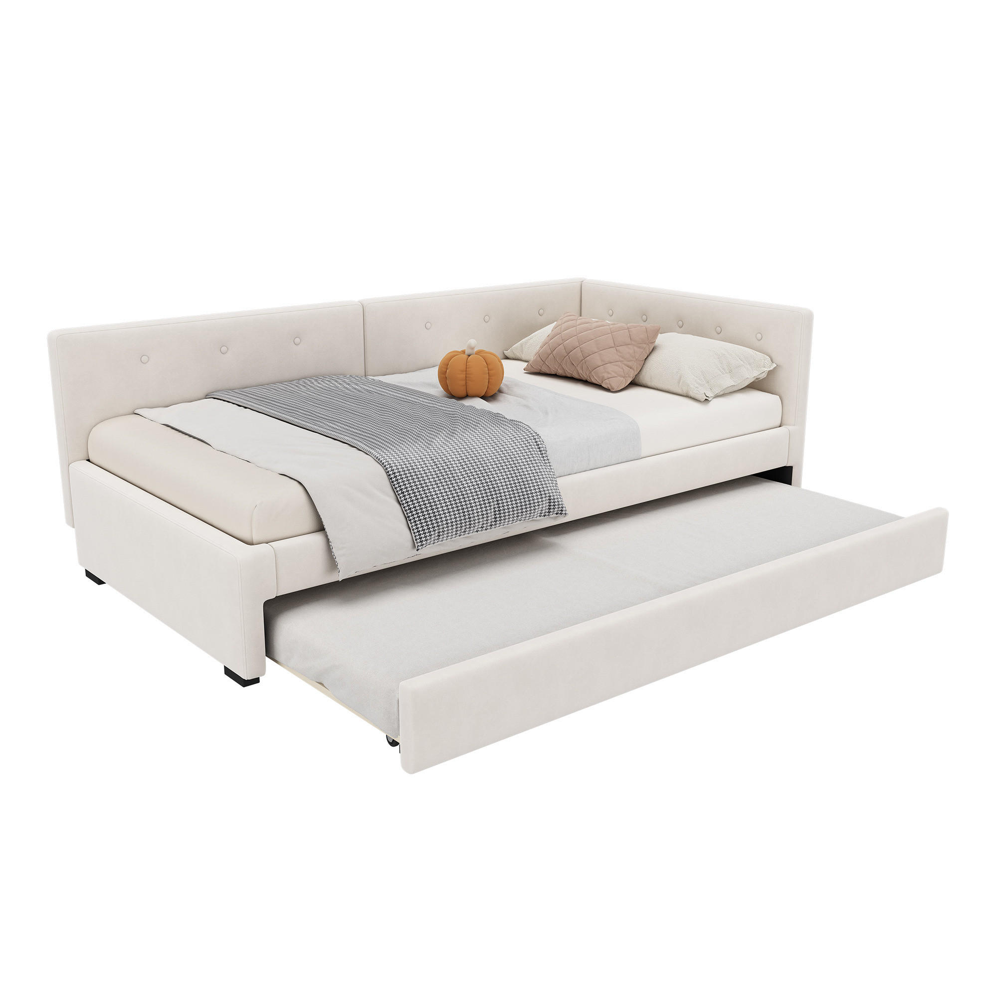 AUSZIEHBETT 90/200 cm in Beige mit Rollbett und Samtbezug - Beige, Textil (90/200cm) - Flora Grace