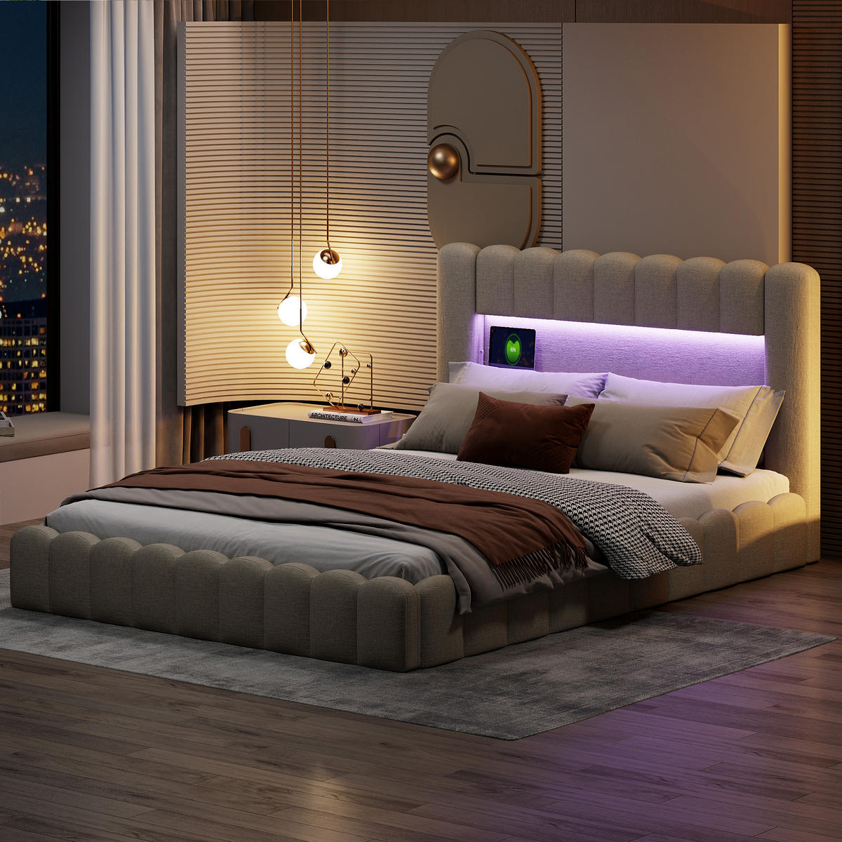 STAURAUMBETT 180x200 cm Doppelbett, mit USB-Anschluss und LED-Beleuchtung, Leinenstoff in Beige - Beige, Holz (180/200cm) - BRILVERDE