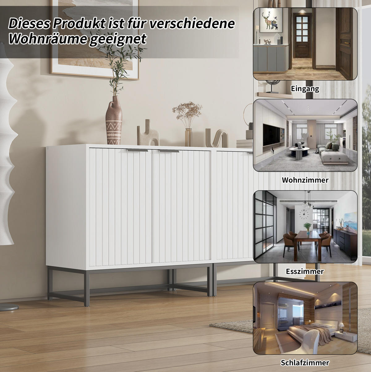 SIDEBOARD in Weiß mit Wellen-Optik Tür und Metallgriffen, 160/40/80 cm, Weiß - Weiß, Holzwerkstoff (160/80/40cm) - Redom