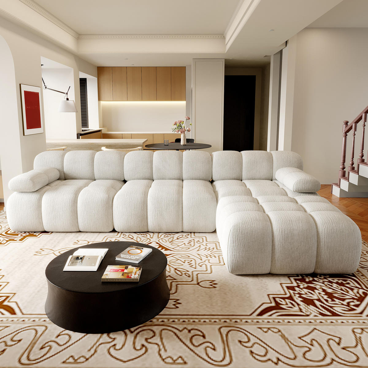 ECKSOFA 300/200/68 cm Weiß Stoff mit 1 Fußhocker - Weiß, Textil (200/300cm) - Oxeza