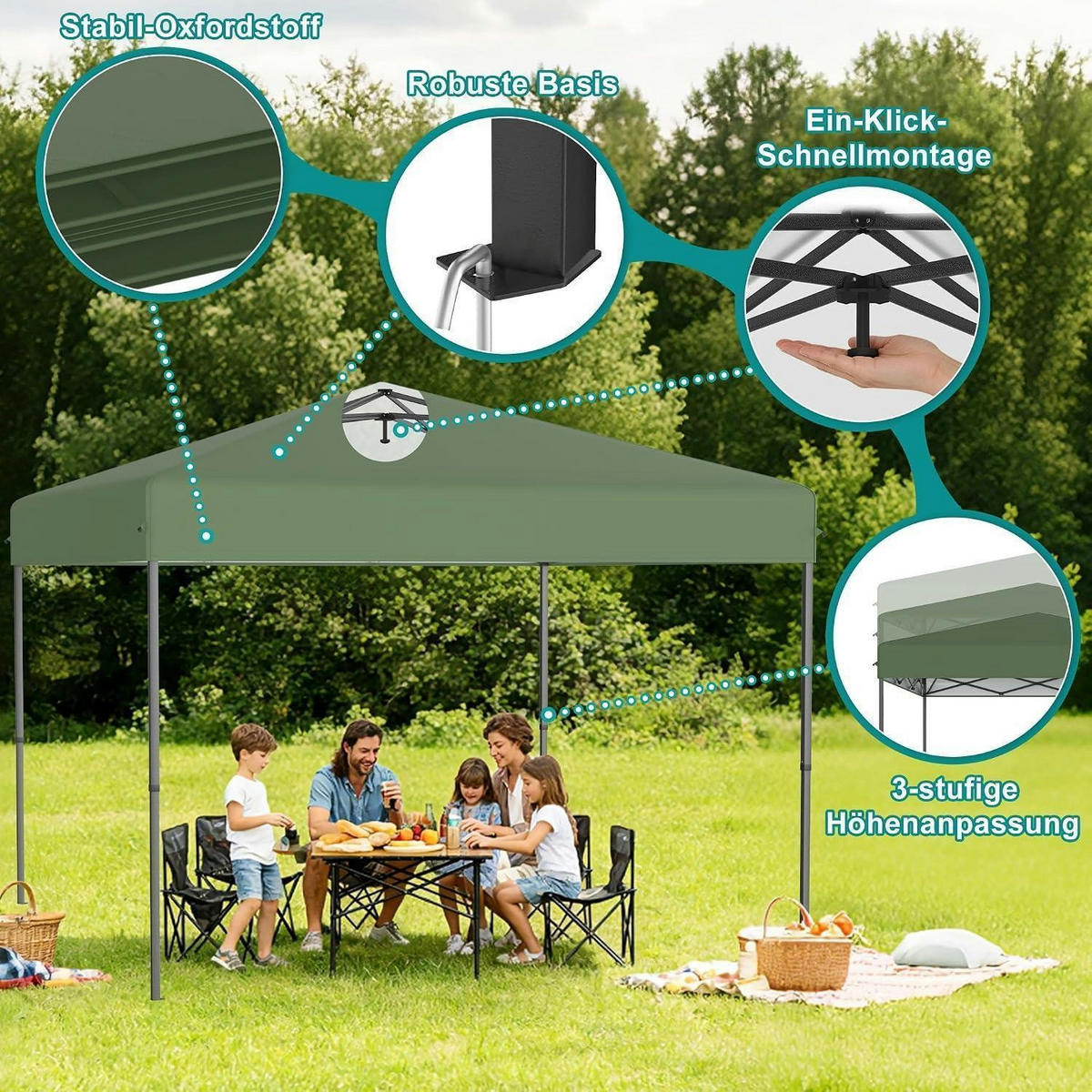 FALTPAVILLON 3x3 m Grün mit One-Touch Lift - Grün, Textil (300/260/300cm)