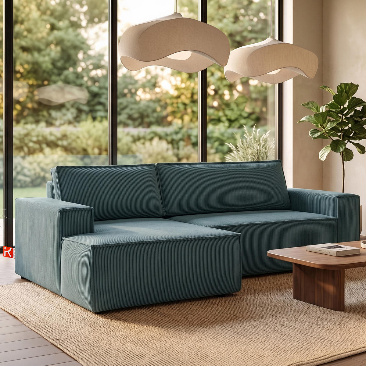 ECKSCHLAFSOFA-LINKS NAPI in Pet Friendly Cord-Stoff, blau - Blau/Schwarz, Textil (262/148cm) - KONSIMO®