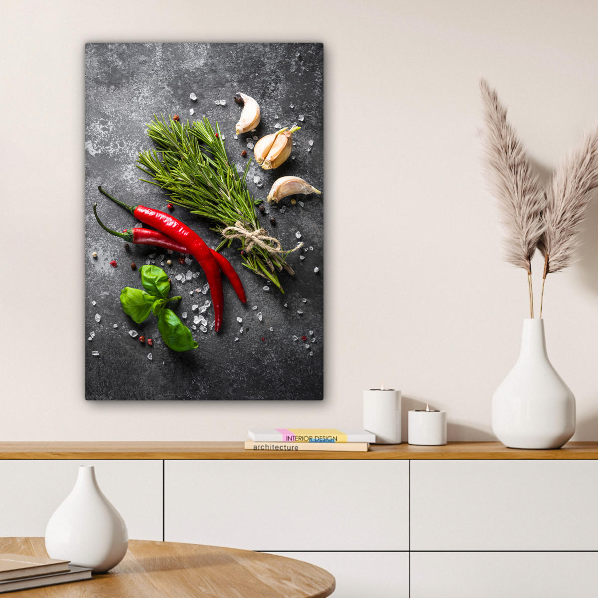 LEINWANDBILD Pfeffer - Kräuter - Gewürze - Beton 60x90 cm - Dunkelgrau, Textil (60/90cm) - MuchoWow