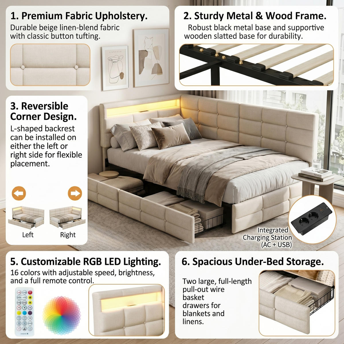 POLSTERBETT Reversibel 90/200 cm mit 2 Schubladen & RGB-LED Leinenoptik Beige - Beige, Textil (90/200cm) - Creahappy