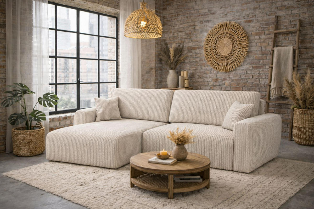 ECKSOFA Mit Schlaffunktion, Ariel XL, Cordstoff, Stoff Poso, Beige, Links - Creme, Holz (280/142cm) - Kaiser Möbel