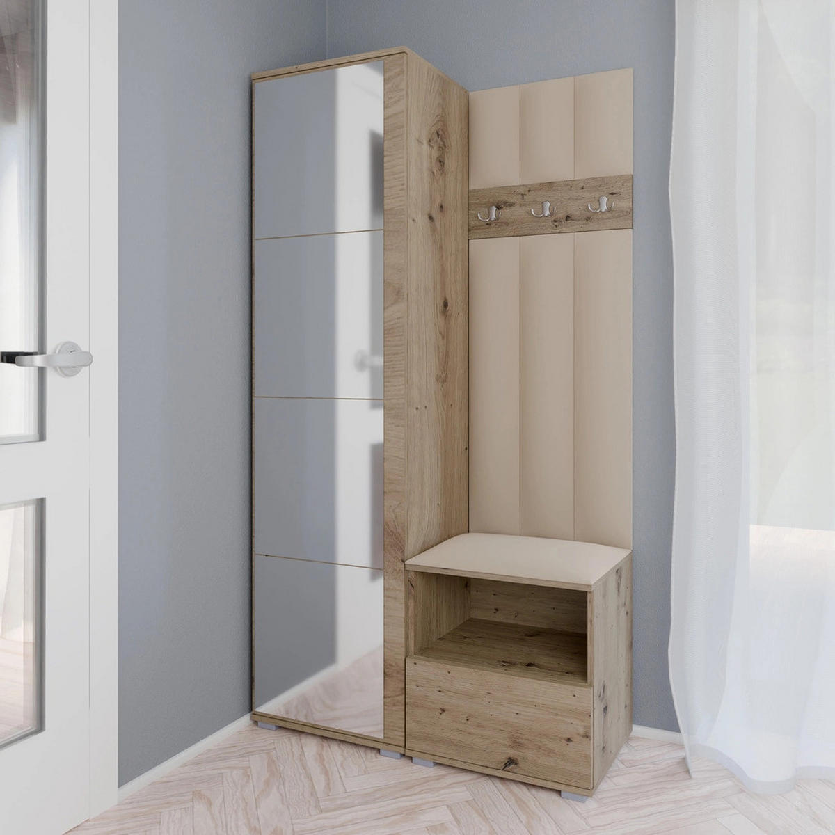 GEPOLSTERT Garderoben-Set Nela I LUX (Spiegel – Farbe Eiche Artisan + Stoff Trinity 04) - Beige/Silberfarben, Holz/Holzwerkstoff (100/187/40cm) - Ravio