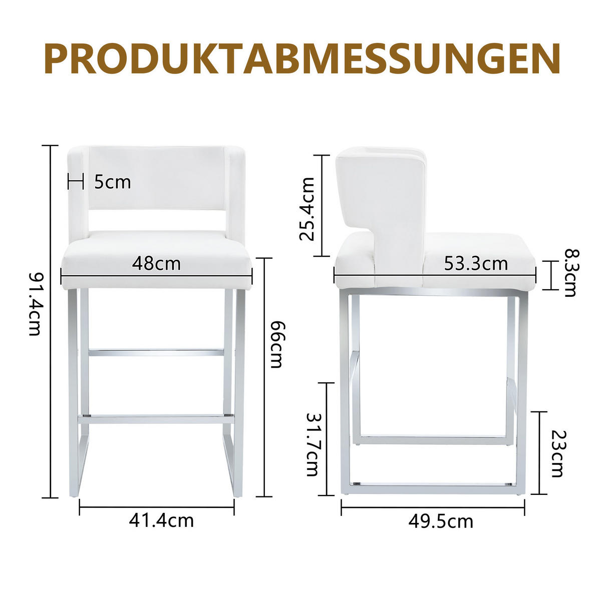 BARSTUHL 2er-Set gepolstert 91,4 cm PU Weiß Silber - Silberfarben, Metall (53.3/91.4/48.1cm) - Meubliv
