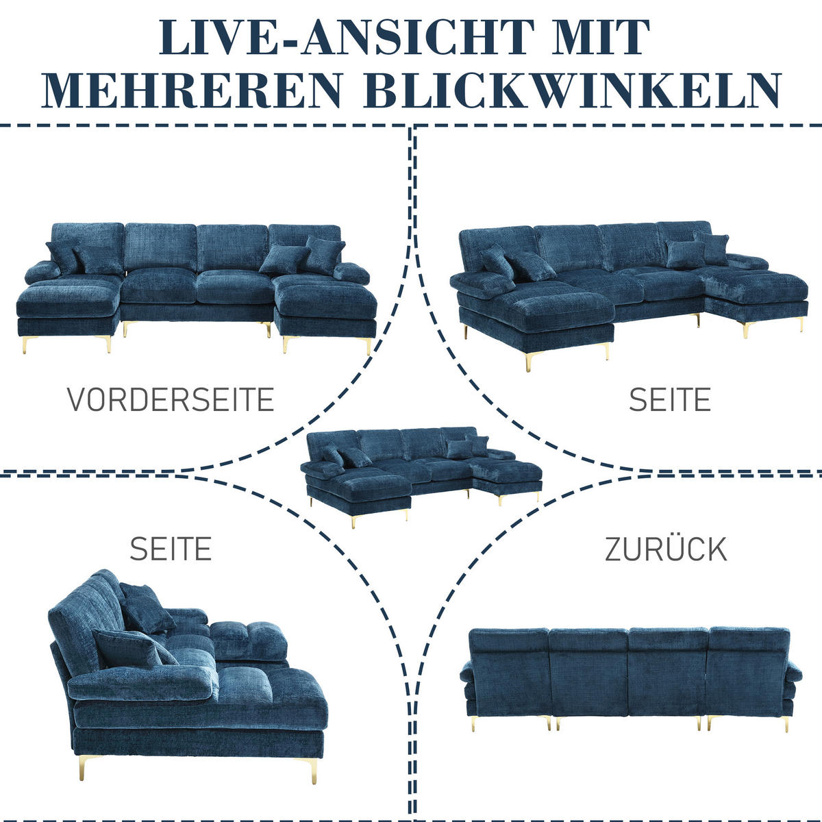 U-FORM Wohnlandschaft Chenille mit 2 Liegeflächen 272/136/88 cm Blau - Blau, Textil/Metall (136/88/272cm) - Redom