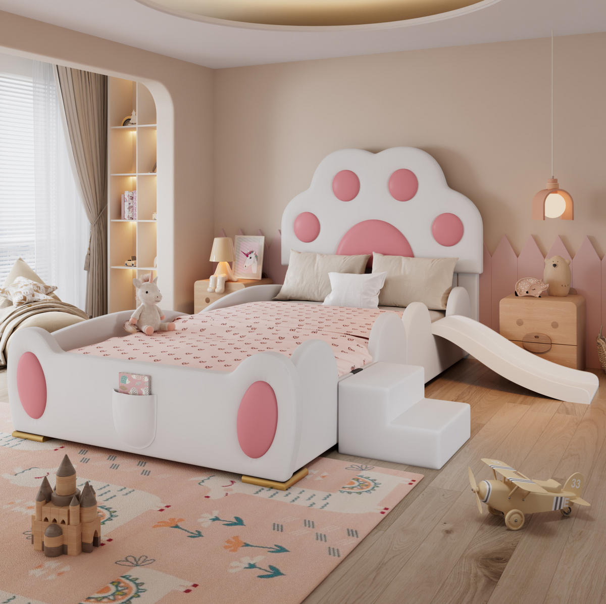 KINDERBETT 90/200 cm weiß und rosa aus PU mit Rutsche und Leiter - Weiß, Kunststoff (90/200cm) - OKWISH