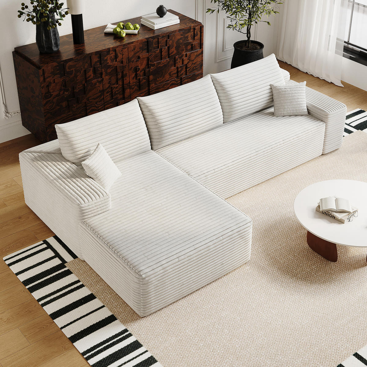 ECKSOFA 270/175/83 cm Weiß Cord mit Chaiselongue, Linke Seite - Weiß, Textil (270/175cm) - Oxeza