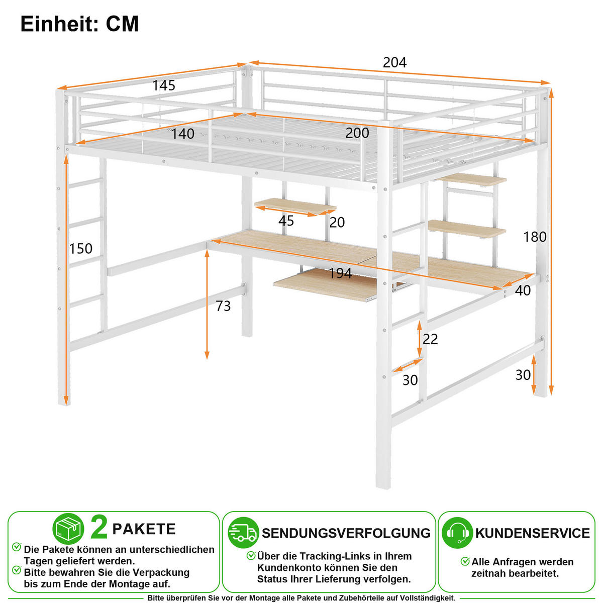 VYVÝŠENÁ POSTEL 140/200 cm v bílé barvě se stolem a dvěma policemi - bílá, kov/kompozitní dřevo (140/200cm) - CHICFURN