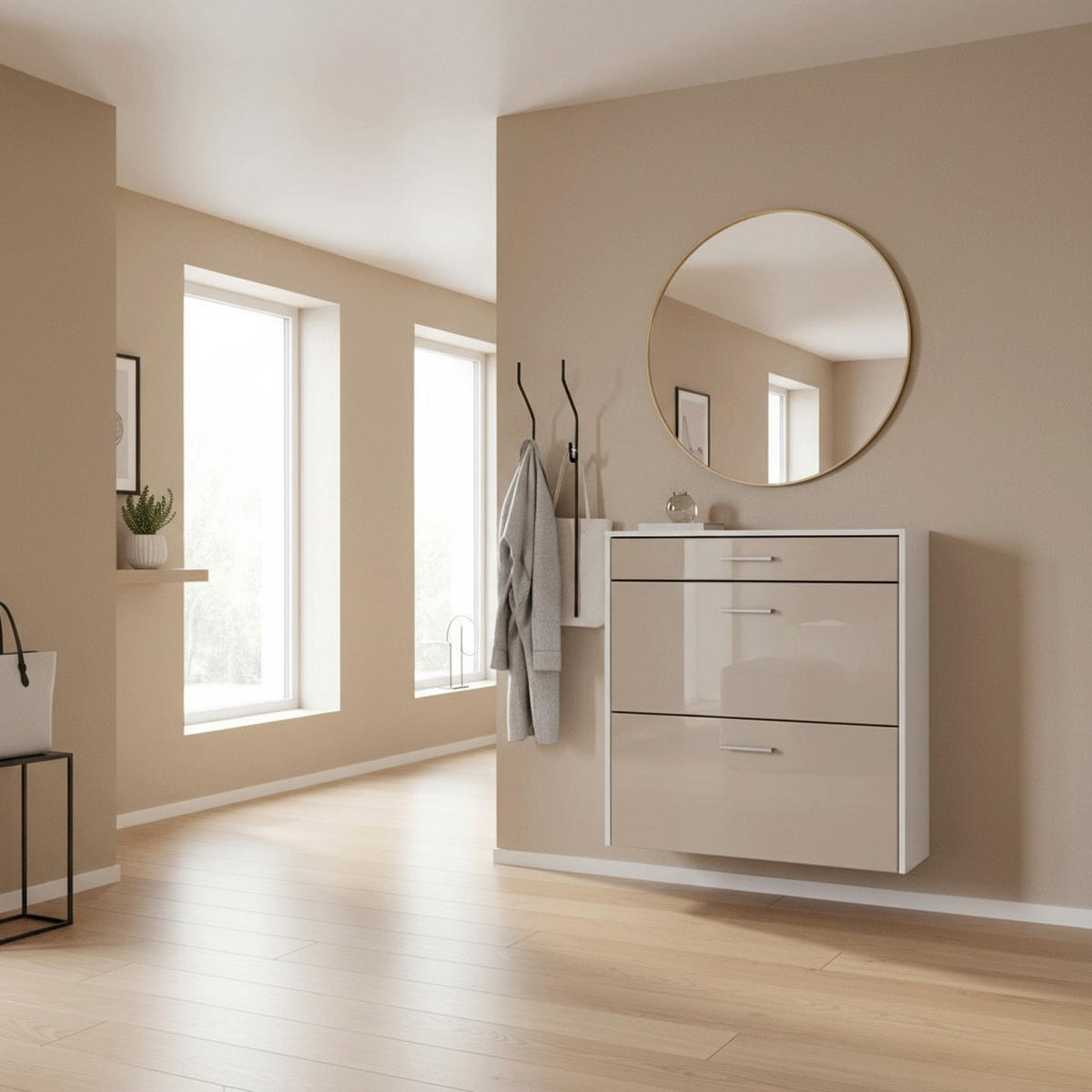 HÄNGENDER-SCHUHSCHRANK Roma Air Schmal mit 2 Klappen und 1 Schublade, Platzsparender Schuhkipper, Weiß matt/Sandgrau Hochglanz (89 x 87 x 23 cm) - Beige, Holzwerkstoff (89/87/23cm) - InnoFurn