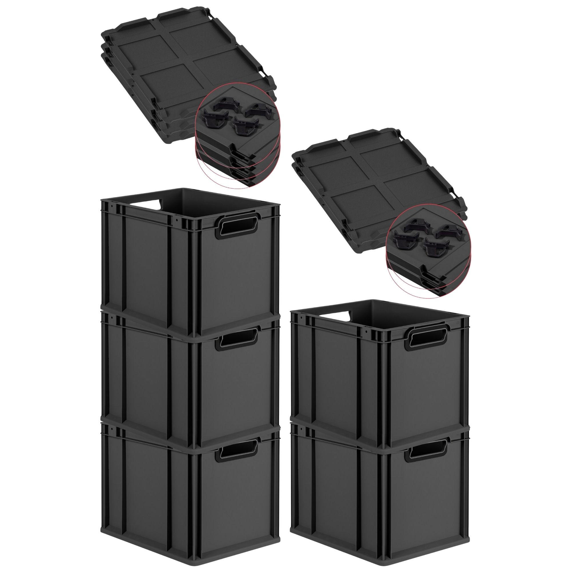 EUROBOX 5x NextGen Color mit Auflagedeckel 32x30x40 cm 30 Liter Schwarz Griffe schwarz offen - Anthrazit/Schwarz, Kunststoff (30/32/40cm) - PROREGAL