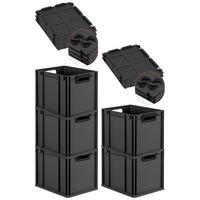 EUROBOX 5x NextGen Color mit Auflagedeckel 32x30x40 cm 30 Liter Schwarz Griffe schwarz offen - Anthrazit/Schwarz, Kunststoff (30/32/40cm) - PROREGAL