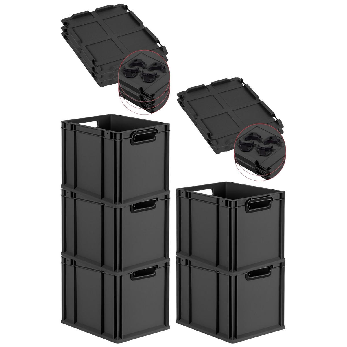 EUROBOX 5x NextGen Color mit Auflagedeckel 32x30x40 cm 30 Liter Schwarz Griffe schwarz offen - Anthrazit/Schwarz, Kunststoff (30/32/40cm) - PROREGAL