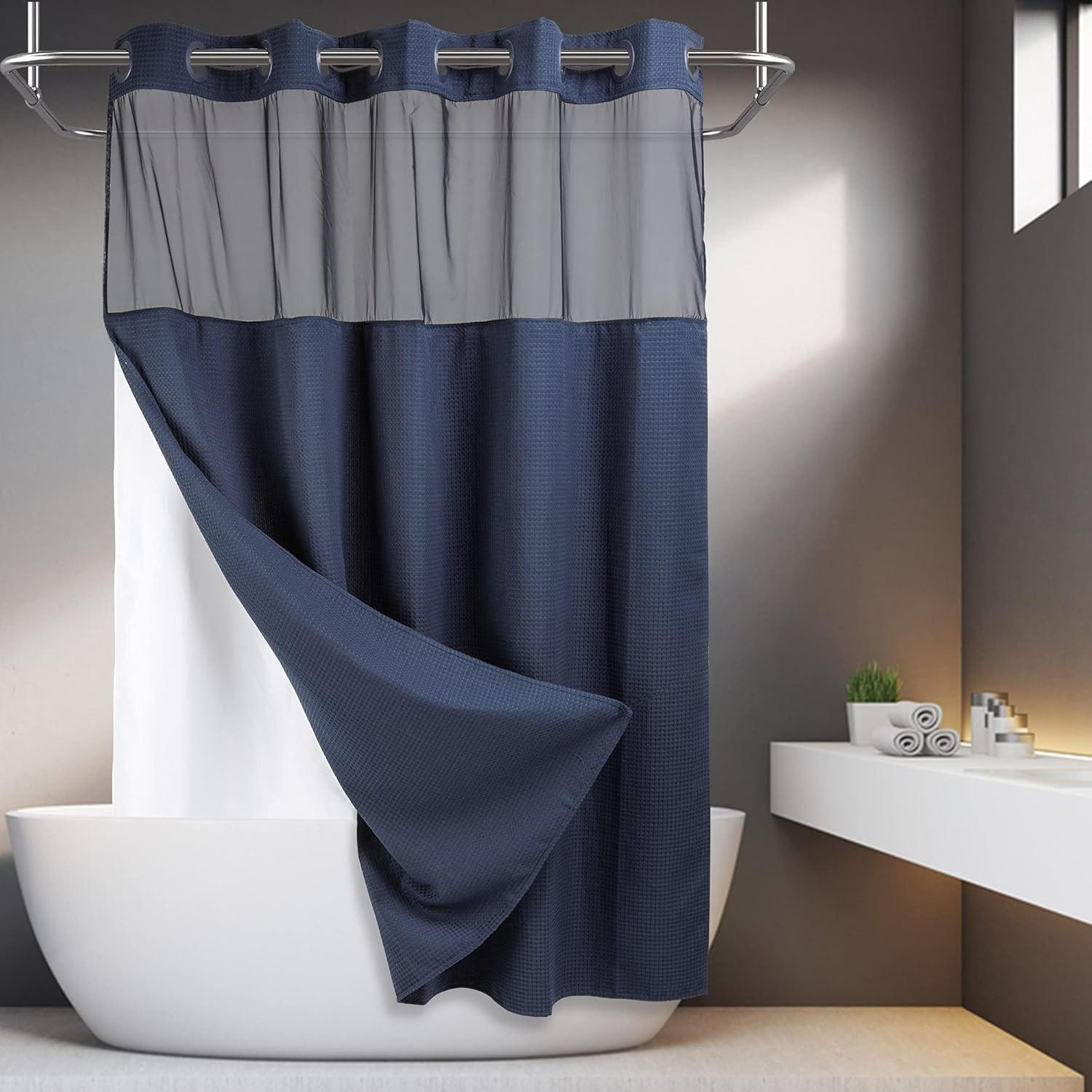 DUSCHVORHANG Waffelstruktur ohne Haken mit Einlage Qualität Stil Marineblau - Blau, Textil (180/180cm) - MCBOSON