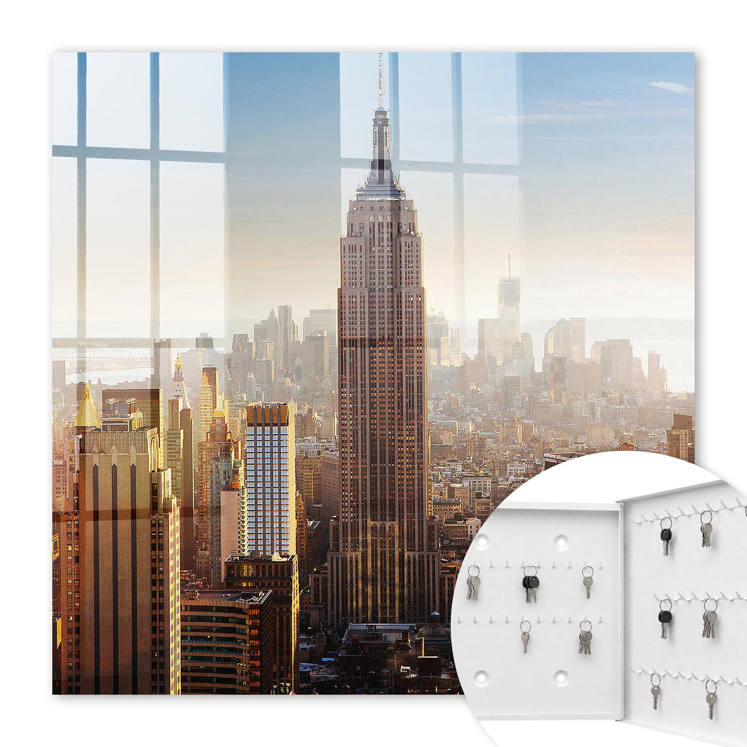 SCHLÜSSELBOX Weiß 30x30 cm – Türöffnung nach rechts - Die Stadt am Morgen - Blau, Metall (30/30/5cm) - TULUP