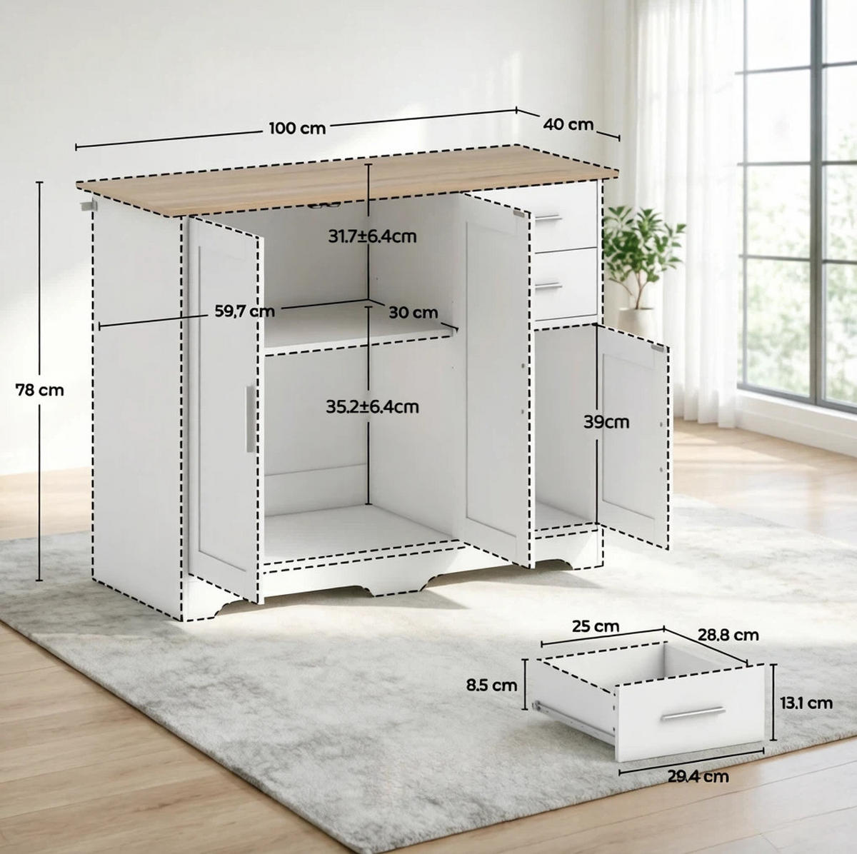 WOHNZIMMERSCHRANK in Weiß und Naturholz-Optik 100x40x78 cm mit 2 Türen und 2 Schubladen - Weiß, Holzwerkstoff (40/78/100cm) - IVMEU