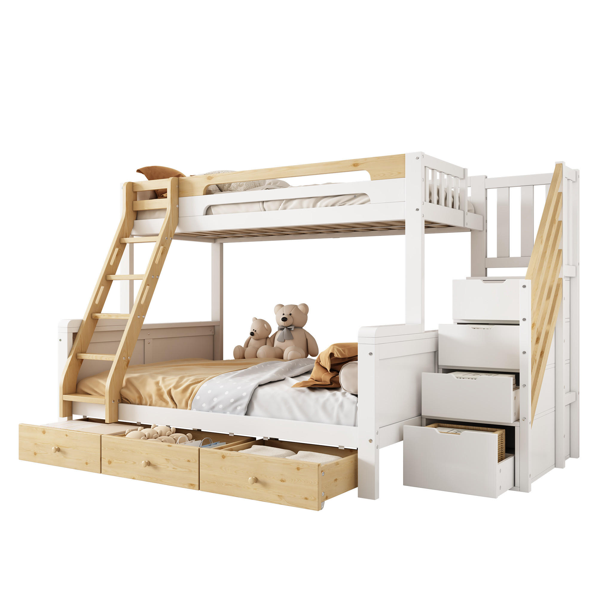 ETAGENBETT aus Massivholz 90x200/140x200 cm Weiß Natur mit Stauraumtreppe, Leiter und 3 Bettkästen - Weiß, Holz (90/200cm) - Modfu