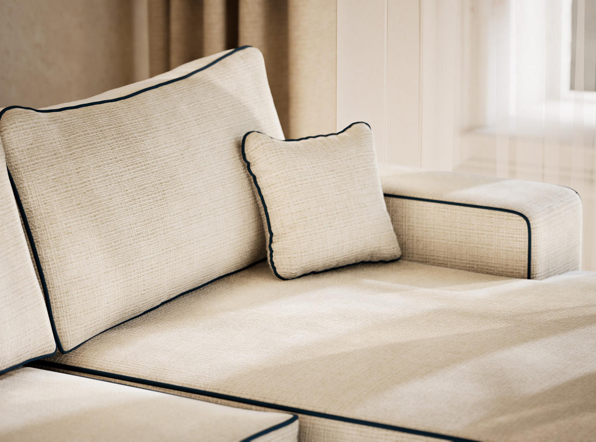 WOHNLANDSCHAFT Deseo Ecru-Dunkelblau Chenille-Stoff - Ecru/Schwarz, Holz/Holzwerkstoff (398/70/148cm) - Maison de Reve