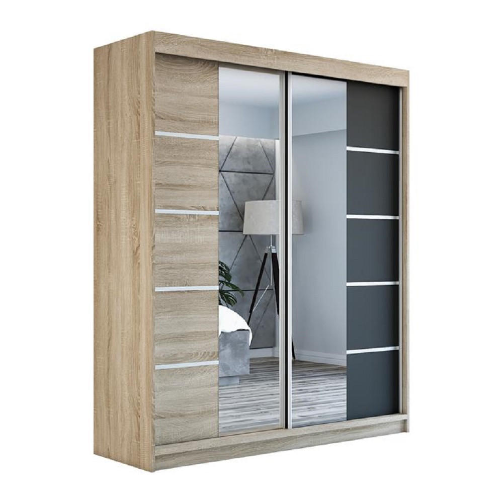 SCHWEBETÜRENSCHRANK 180 cm KOMFORT Farbe:Sonoma,schwarz - Schwarz/Braun, Holzwerkstoff (180/215/59.5cm) - A&J MöbelLand